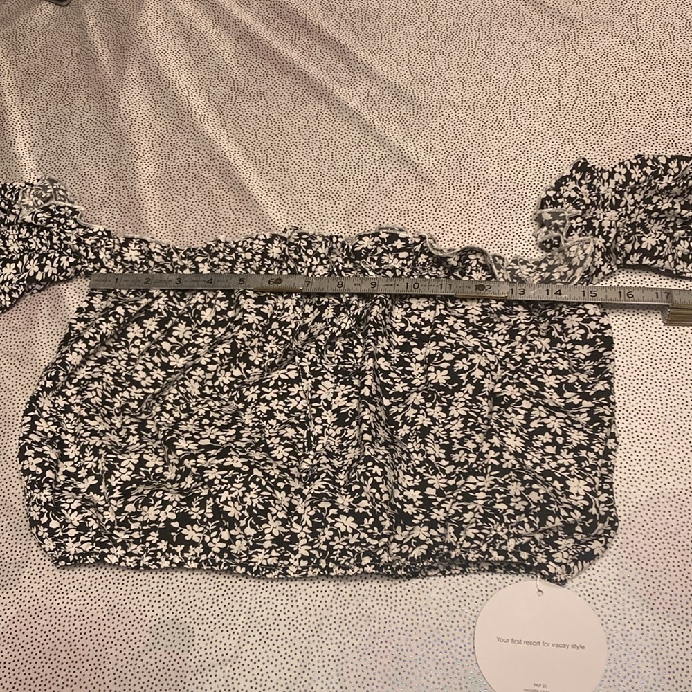 SHEIN VCAY Ditsy Floral Print Off Shoulder Frill Trim Tie Front Crop Blouse L - Picture 14 of 16